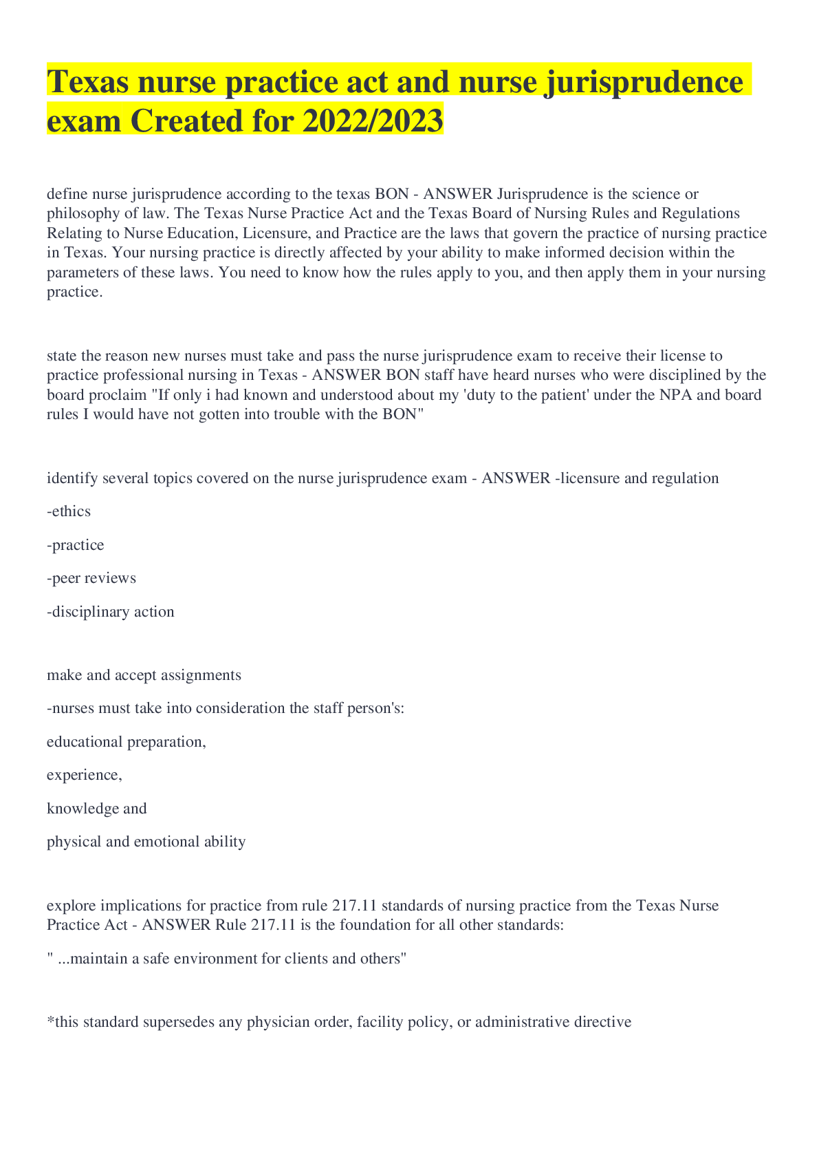 Texas nurse practice act and nurse jurisprudence exam Created for 2022/